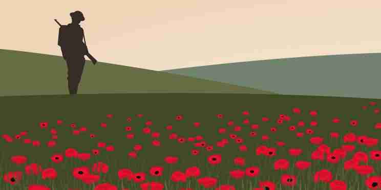 Graphic of a WWI soldier's silhouette standing in a field of poppies