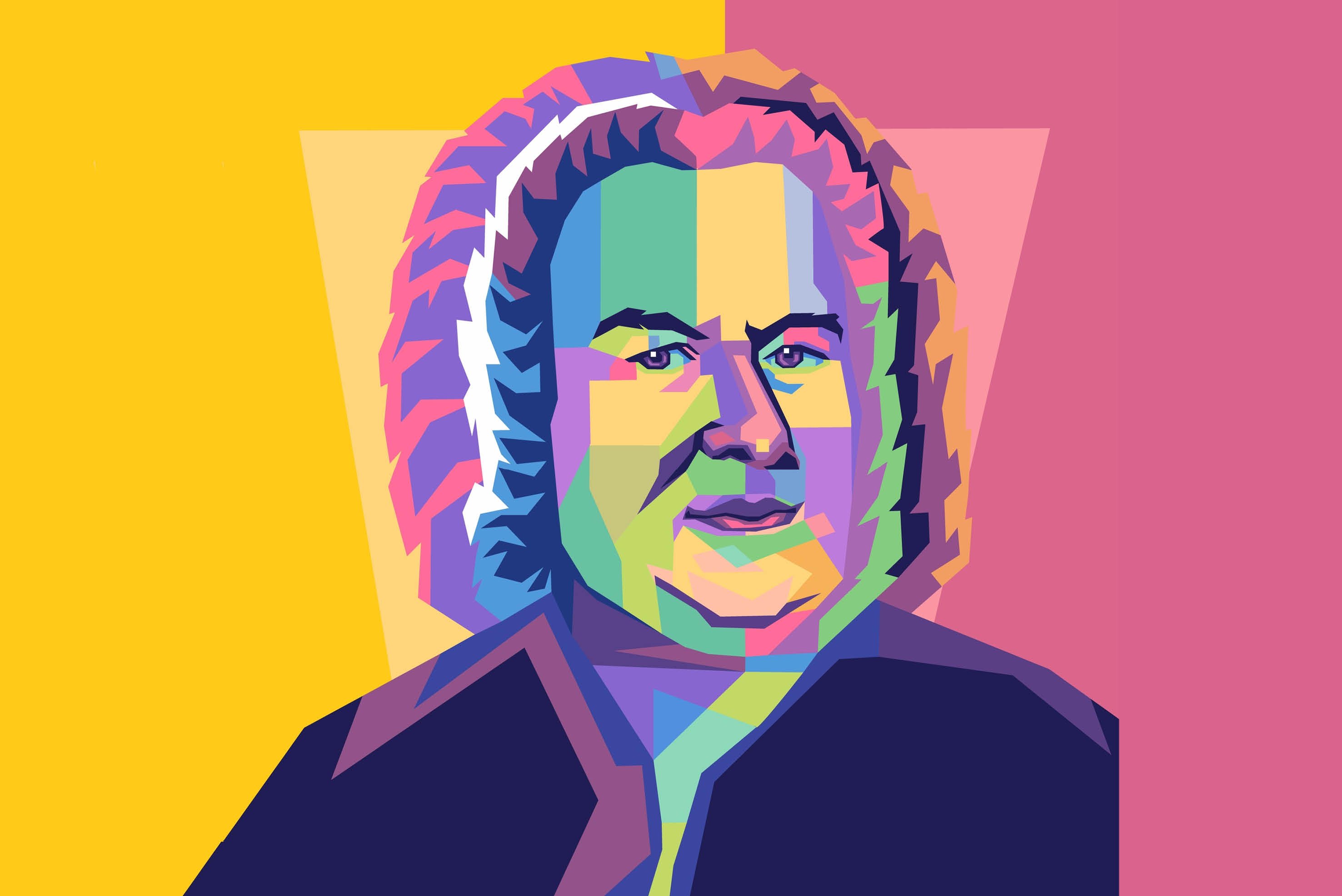 Yellow and pink background with a cartoon image of the composer Bach