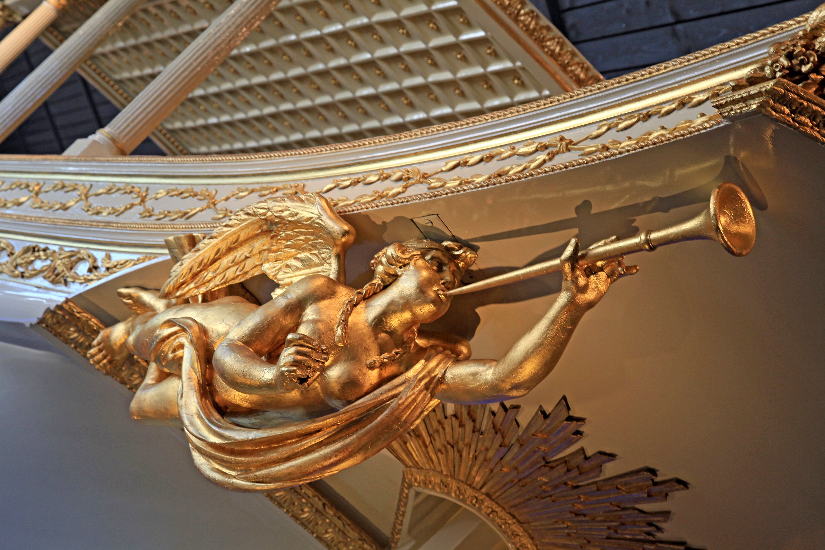 Gold,Angel,Statue,On,Bowsprit,Of,Baroque,Dutch,Medieval,Ship